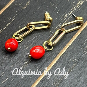 coral gold curb link gold chunky dangle drops earrings